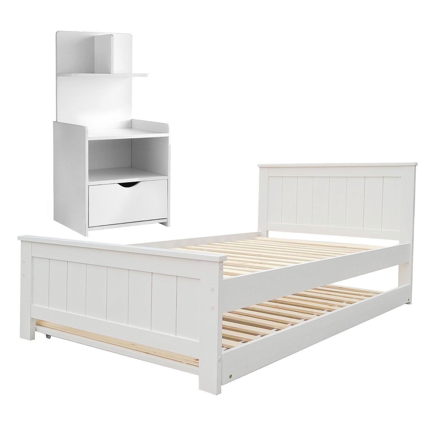 Artiss King Single Bed Frame and Bedside Table White WBED-03KS-FURNI-P16-AB