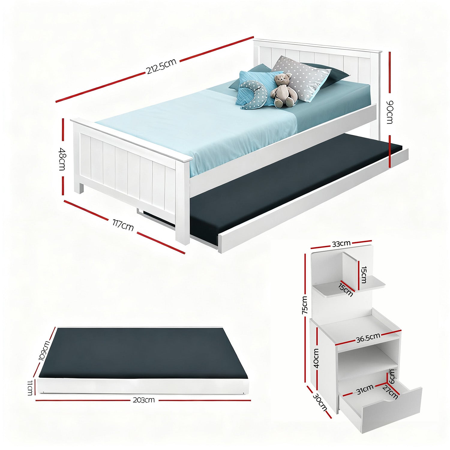 Artiss King Single Bed Frame and Bedside Table White WBED-03KS-FURNI-P16-AB