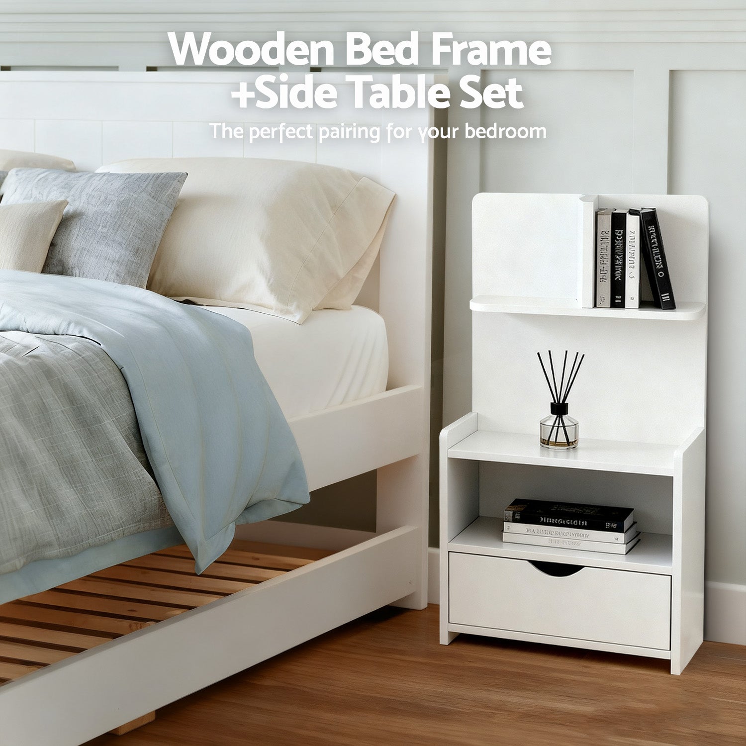 Artiss King Single Bed Frame and Bedside Table White WBED-03KS-FURNI-P16-AB