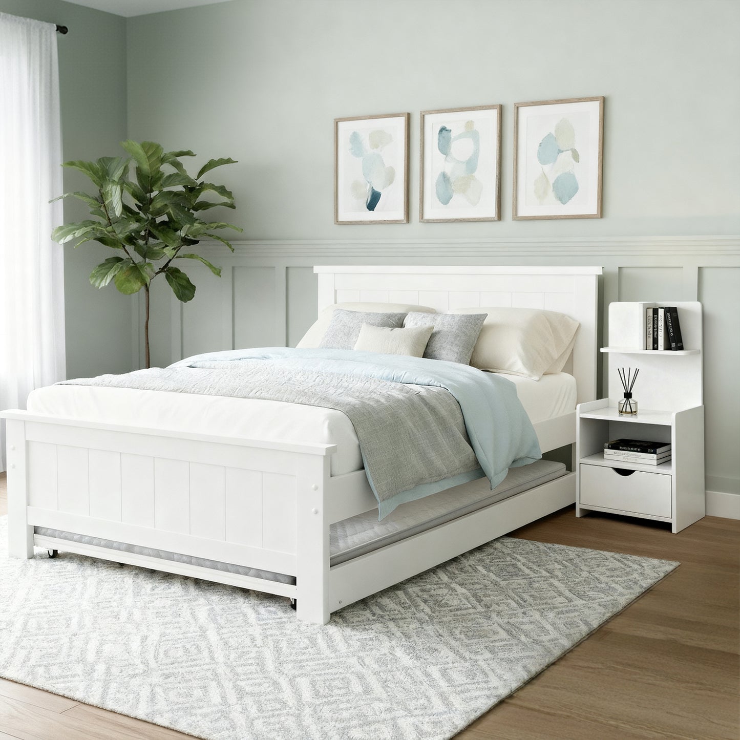 Artiss King Single Bed Frame and Bedside Table White WBED-03KS-FURNI-P16-AB
