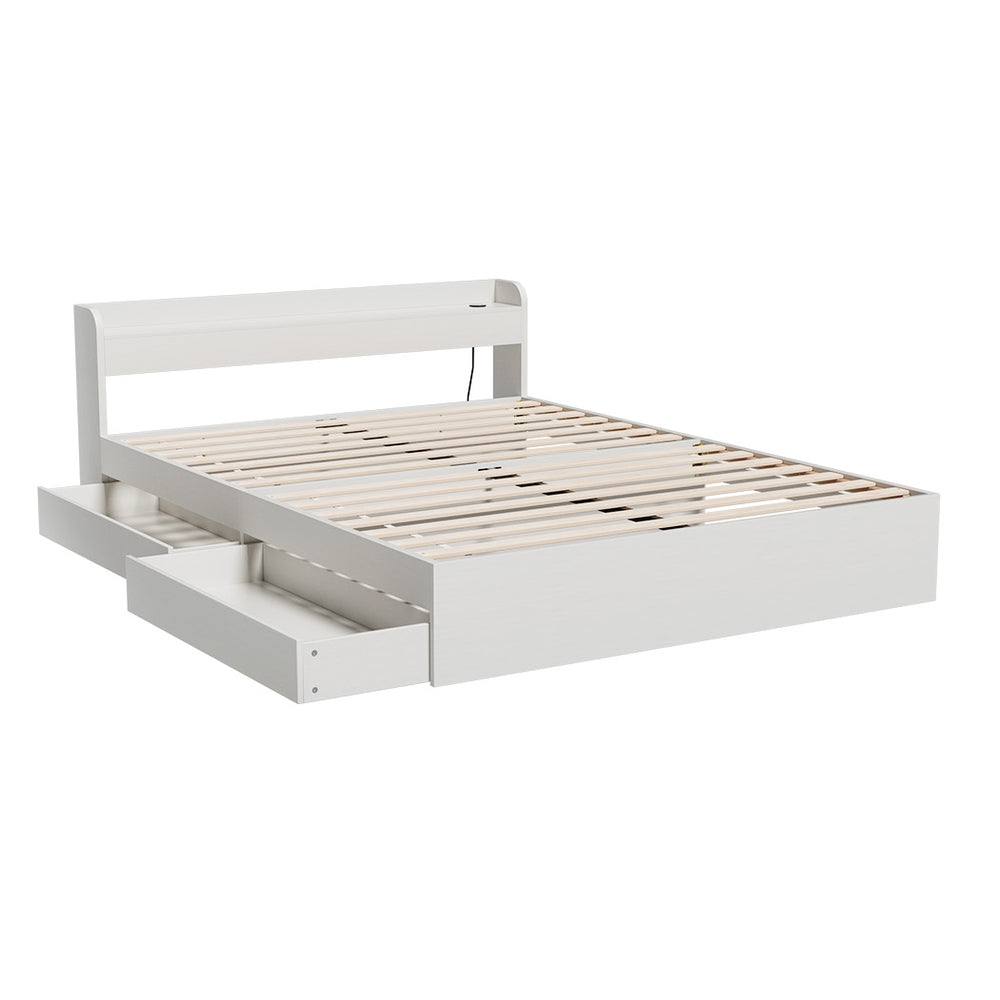 Artiss AURA White Double Bed Frame with Charging Ports and Drawers