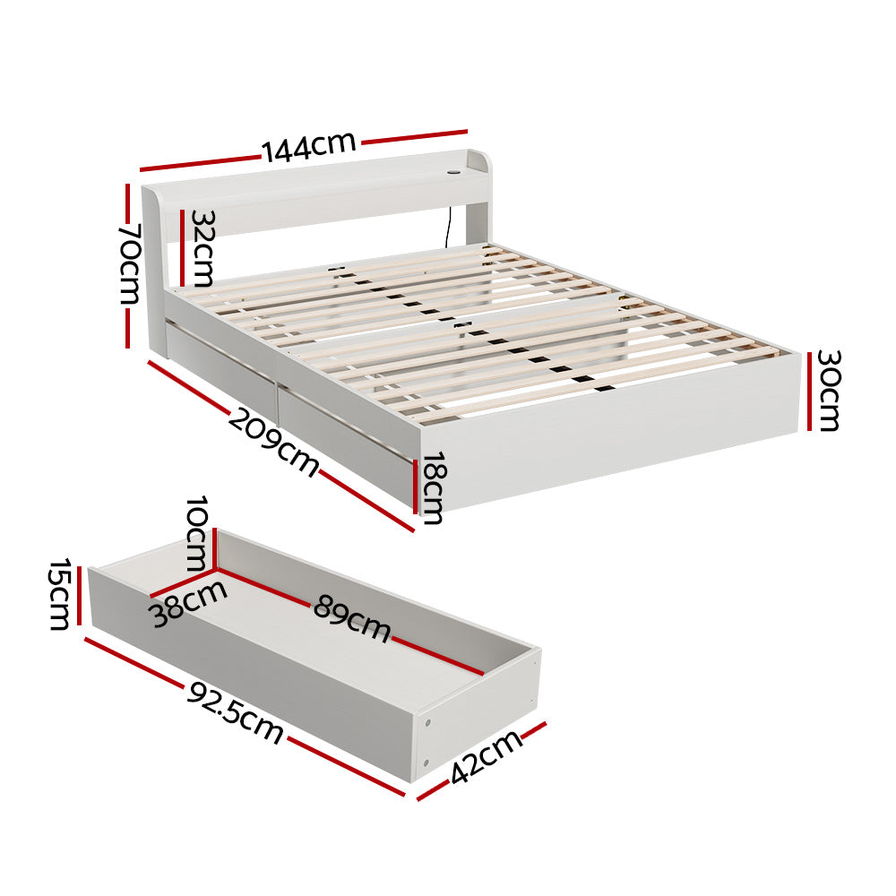 Artiss AURA White Double Bed Frame with Charging Ports and Drawers