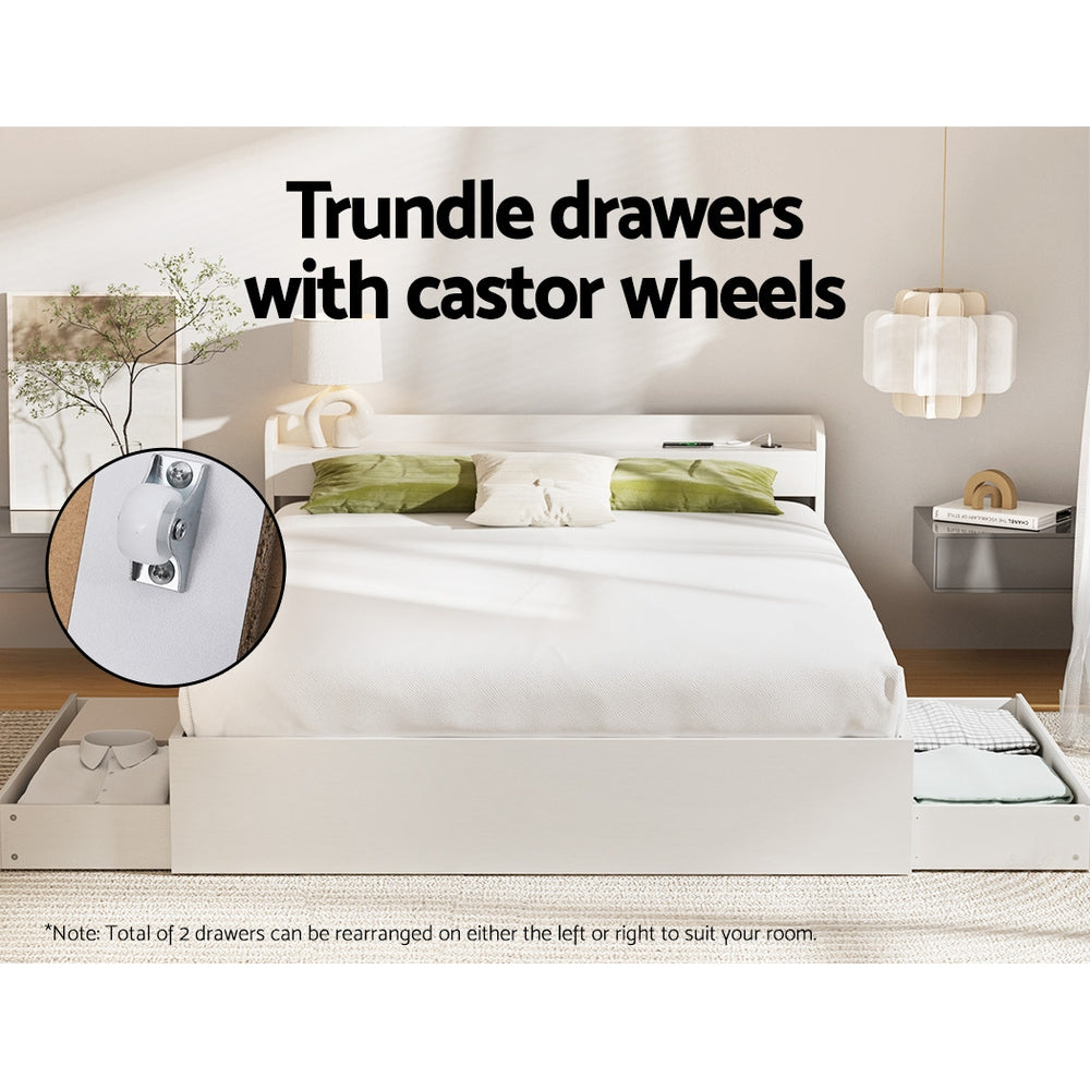 Artiss AURA White Double Bed Frame with Charging Ports and Drawers