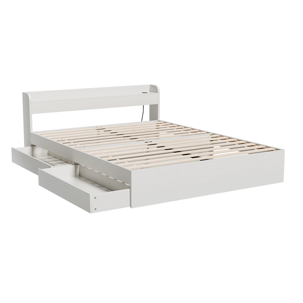 Artiss AURA White Queen Bed Frame with Charging Ports and Drawers