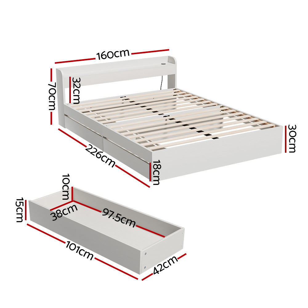 Artiss AURA White Queen Bed Frame with Charging Ports and Drawers