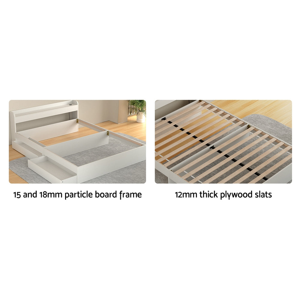 Artiss AURA White Queen Bed Frame with Charging Ports and Drawers