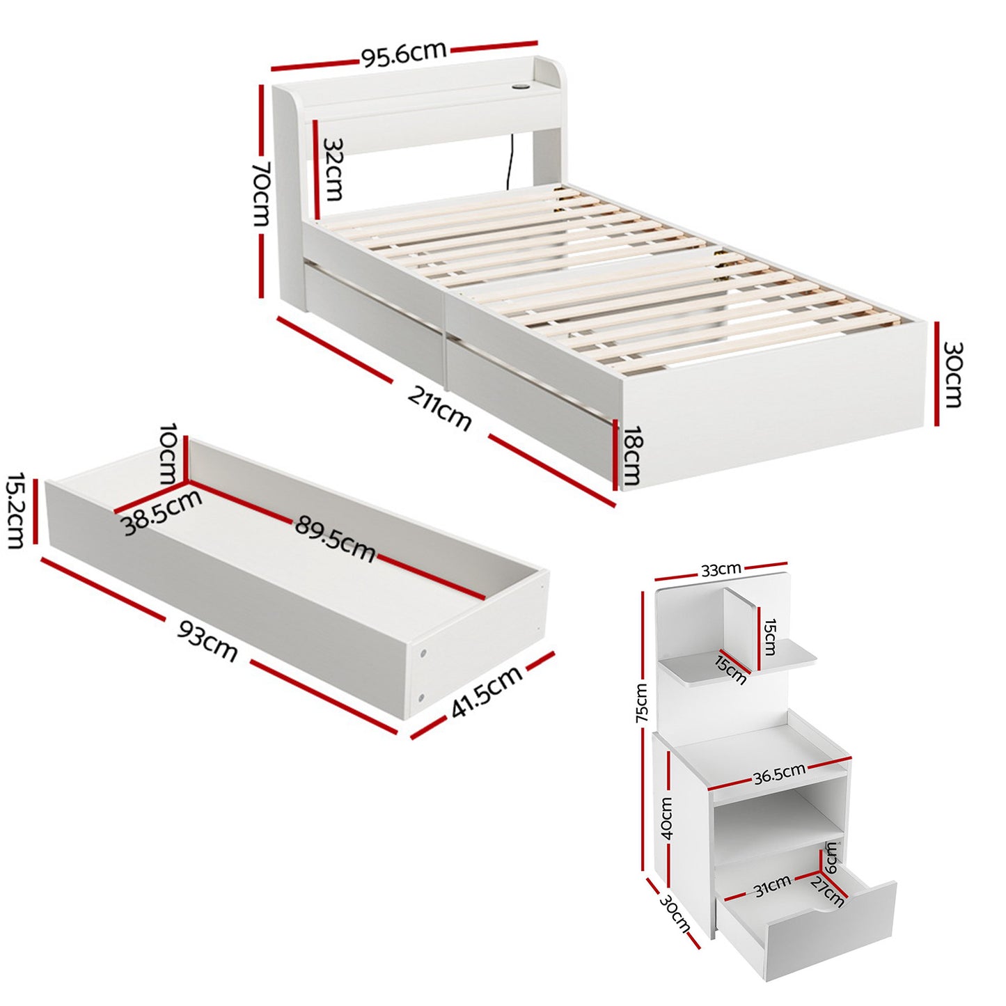 Artiss Single Bed Frame with Charging Ports and Bedside Table WBED-AURA-S-FURNI-P16-AB