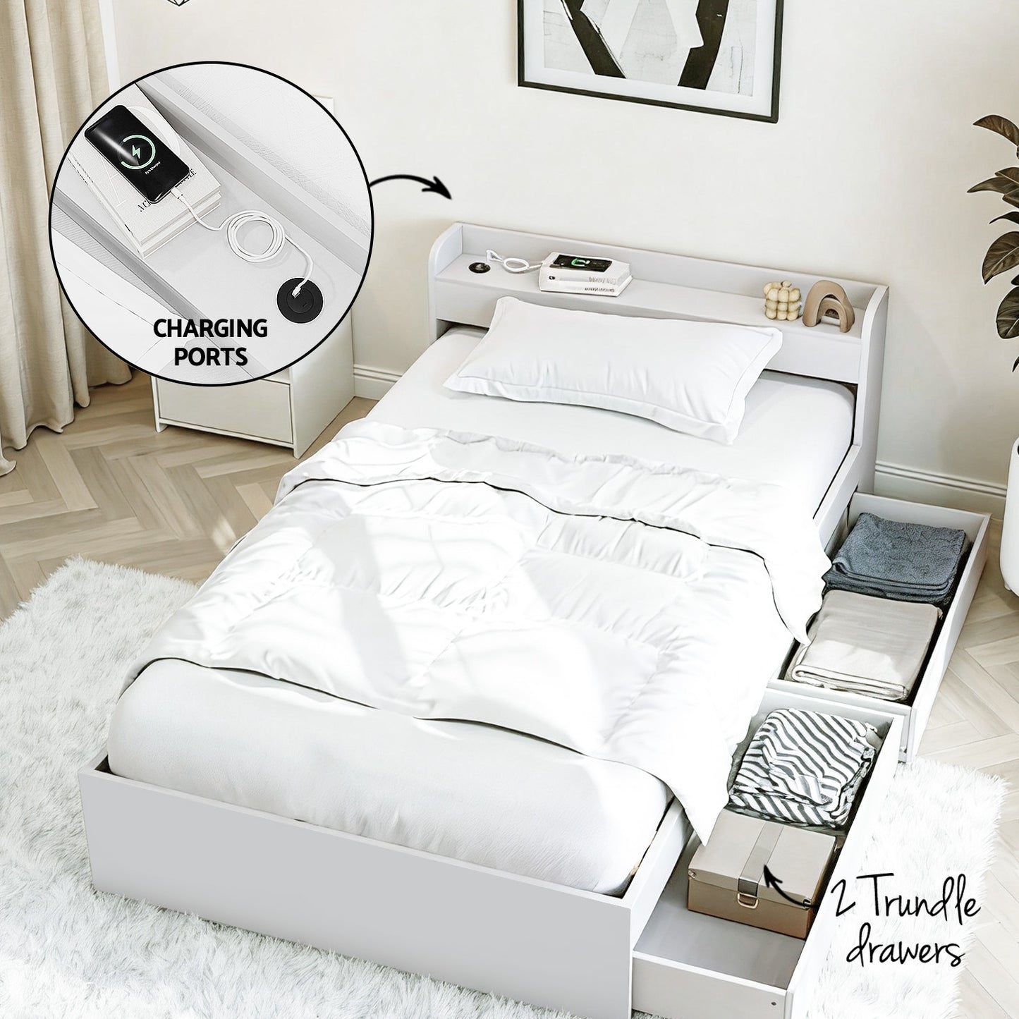 Artiss Single Bed Frame with Charging Ports and Bedside Table WBED-AURA-S-FURNI-P16-AB