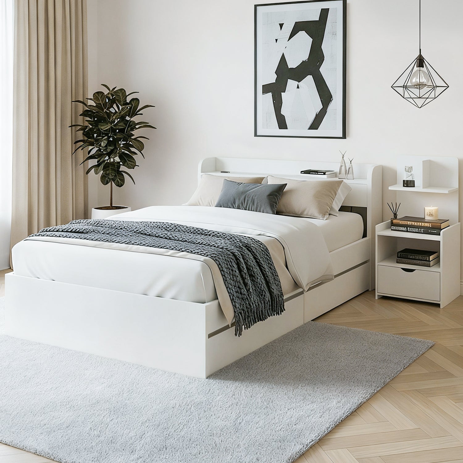 Artiss Single Bed Frame with Charging Ports and Bedside Table WBED-AURA-S-FURNI-P16-AB
