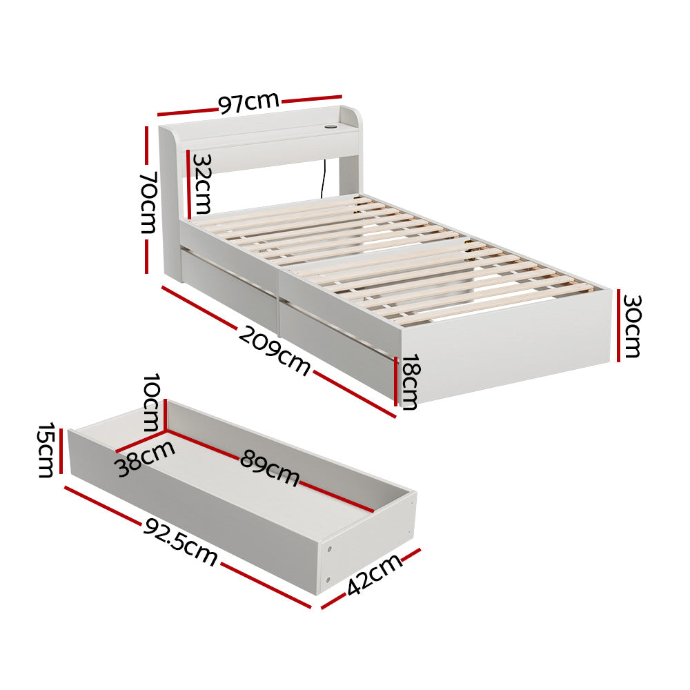 Artiss Bed Frame Single Size Mattress Base wtih Charging Ports 2 Storage Drawers WBED-AURA-S-WH-ABC