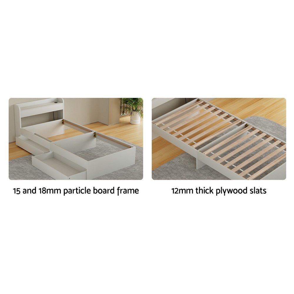 Artiss Bed Frame Single Size Mattress Base wtih Charging Ports 2 Storage Drawers WBED-AURA-S-WH-ABC