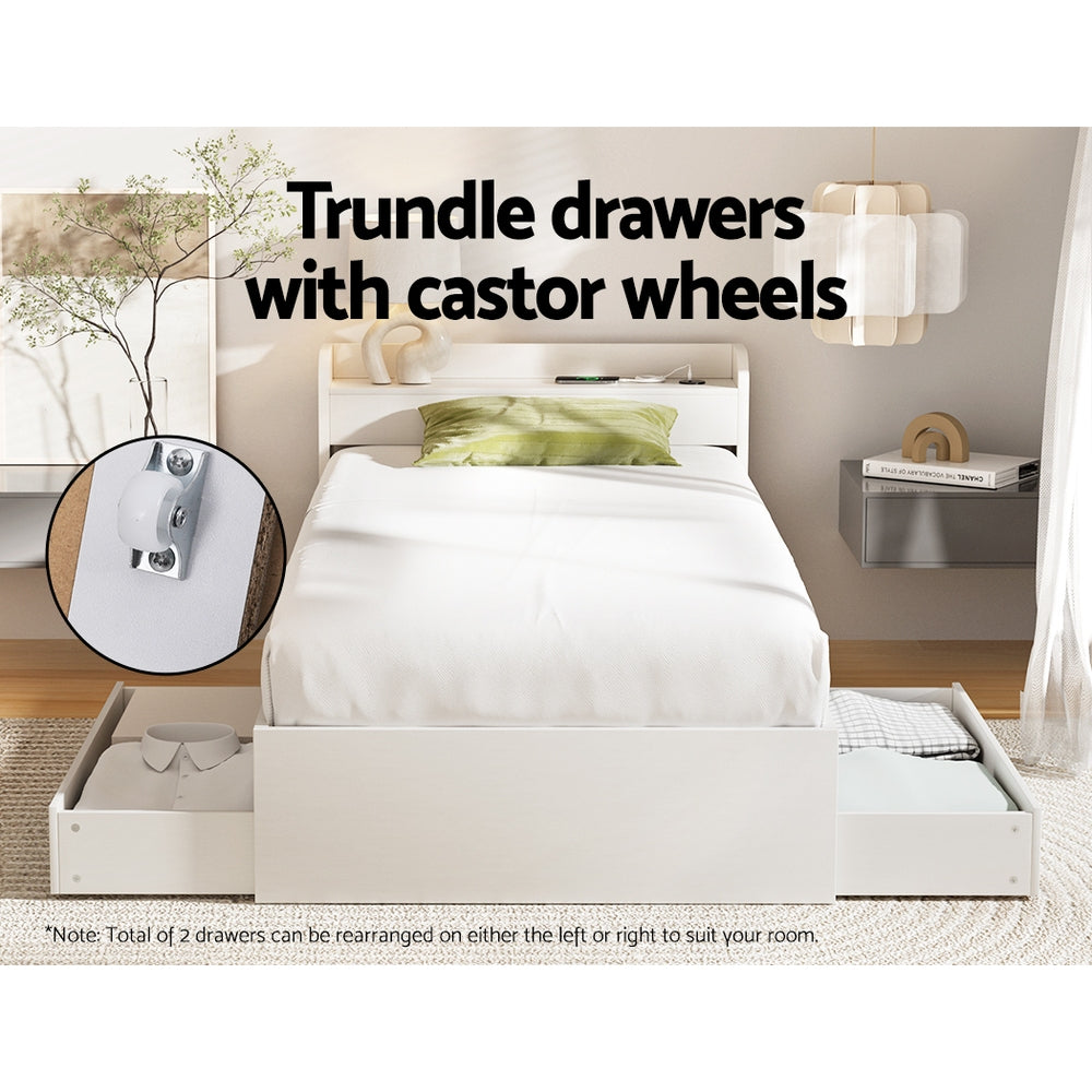 Artiss Bed Frame Single Size Mattress Base wtih Charging Ports 2 Storage Drawers WBED-AURA-S-WH-ABC
