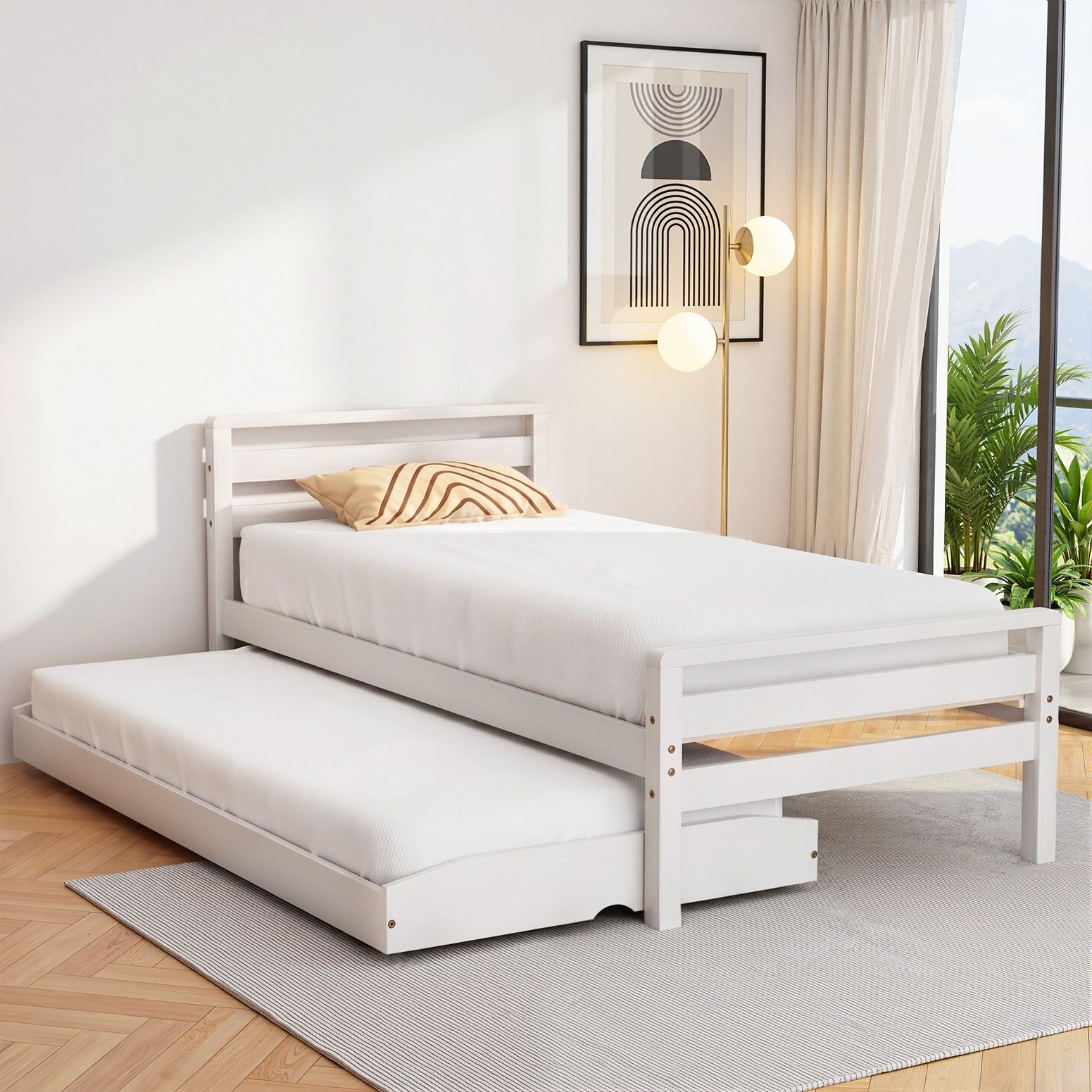 Artiss Bed Frame Single Size 2-in-1 Trundle Wooden White AVIS WBED-AVIS-S-WH-AB