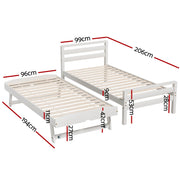 Artiss Bed Frame Single Size 2-in-1 Trundle Wooden White AVIS WBED-AVIS-S-WH-AB