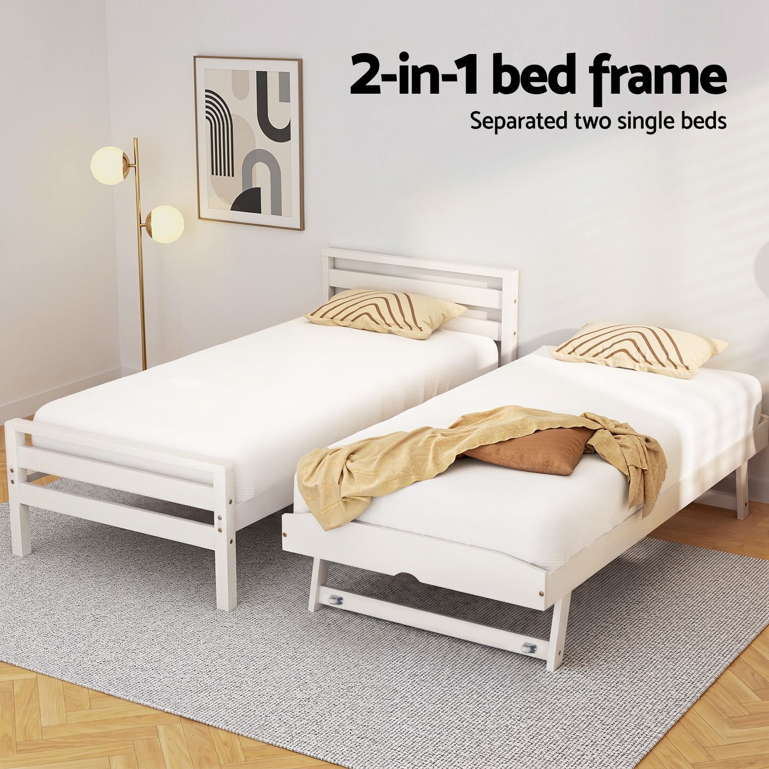 Artiss Bed Frame Single Size 2-in-1 Trundle Wooden White AVIS WBED-AVIS-S-WH-AB