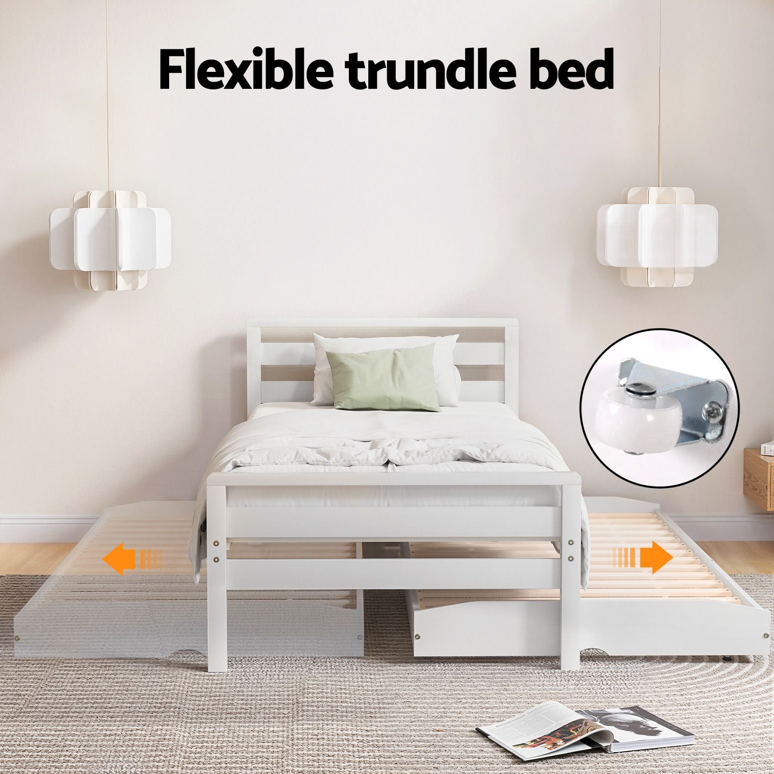 Artiss Bed Frame Single Size 2-in-1 Trundle Wooden White AVIS WBED-AVIS-S-WH-AB