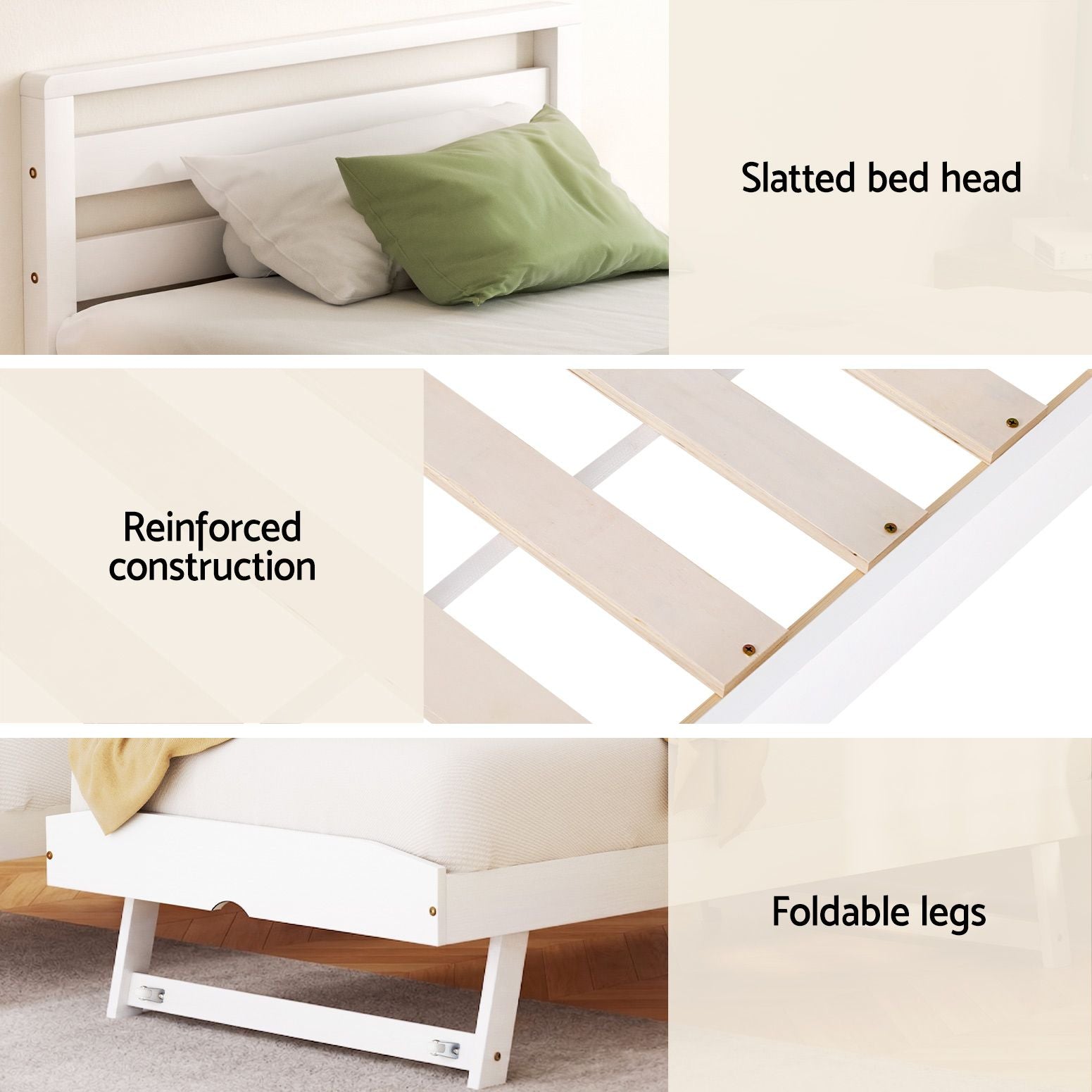 Artiss Bed Frame Single Size 2-in-1 Trundle Wooden White AVIS WBED-AVIS-S-WH-AB