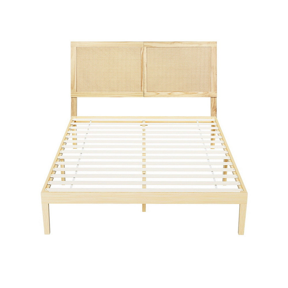 Artiss Bed Frame Double Size with Rattan Headboard Wooden Bed Base BRUNO WBED-BRUNO-RIBO-D-WD