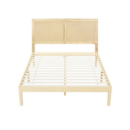 Artiss Bed Frame Double Size with Rattan Headboard Wooden Bed Base BRUNO WBED-BRUNO-RIBO-D-WD
