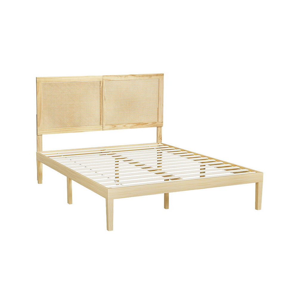 Artiss Bed Frame Double Size with Rattan Headboard Wooden Bed Base BRUNO WBED-BRUNO-RIBO-D-WD
