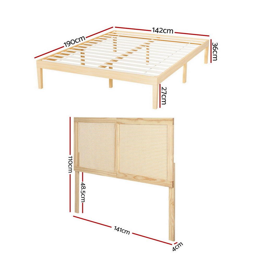 Artiss Bed Frame Double Size with Rattan Headboard Wooden Bed Base BRUNO WBED-BRUNO-RIBO-D-WD