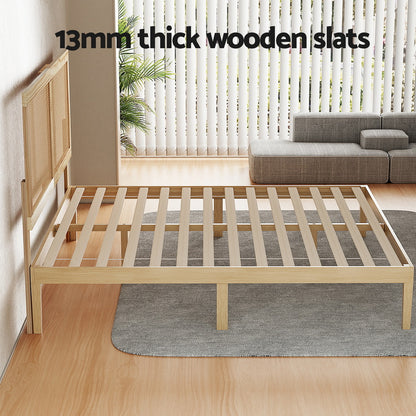 Artiss Bed Frame Double Size with Rattan Headboard Wooden Bed Base BRUNO WBED-BRUNO-RIBO-D-WD