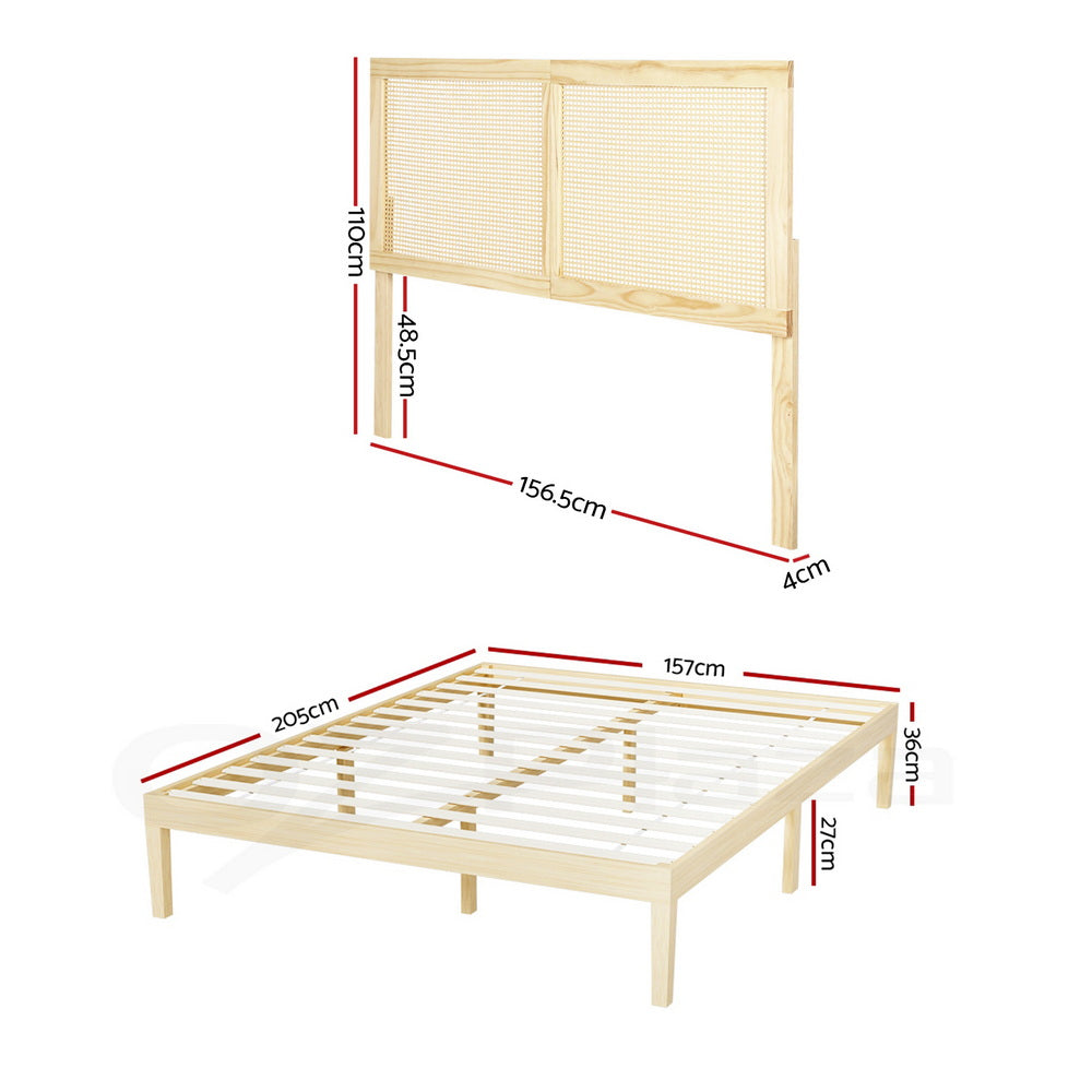 Artiss BRUNO Pine Queen Rattan Headboard Bed Frame