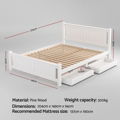 Artiss Bed Frame Double Size Wooden Platform with 2 Storage Drawers White RIO WBED-D-004D-137-DRAW