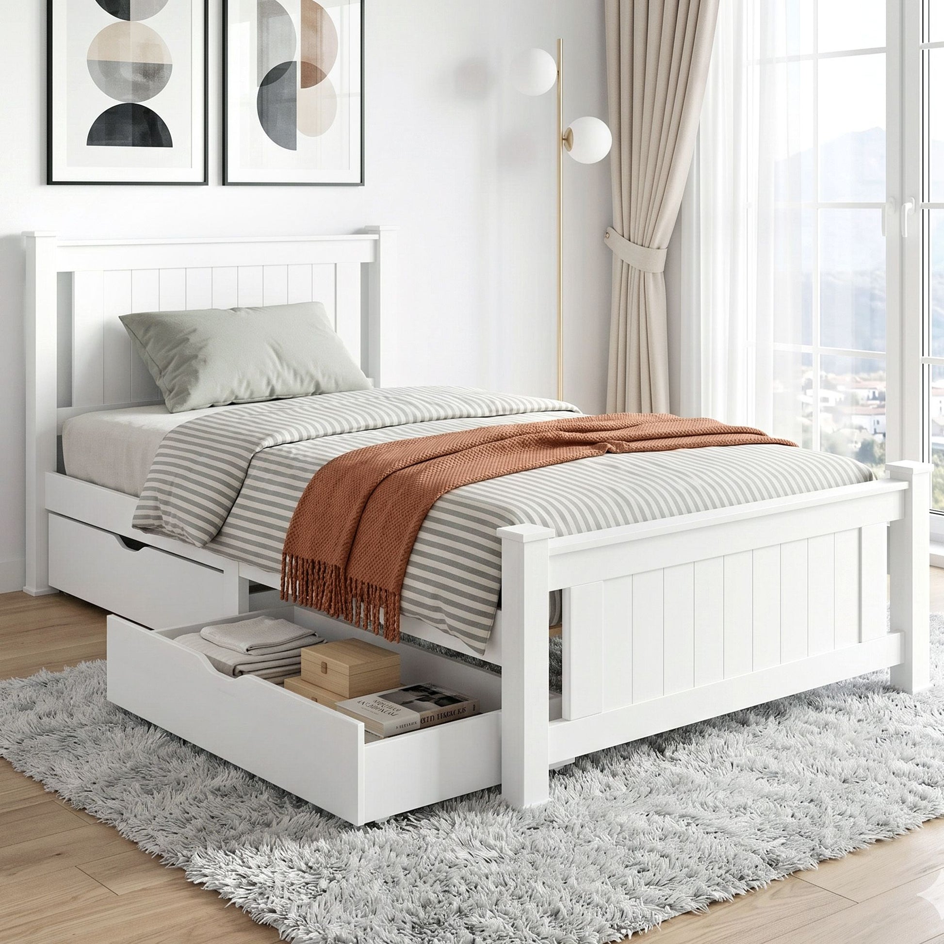 Artiss Bed Frame King Single Size Wooden Platform with 2 Storage Drawers White RIO WBED-D-004KS-107-DRAW