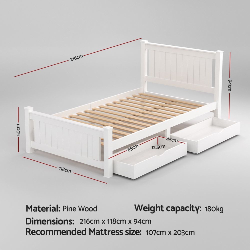 Artiss Bed Frame King Single Size Wooden Platform with 2 Storage Drawers White RIO
