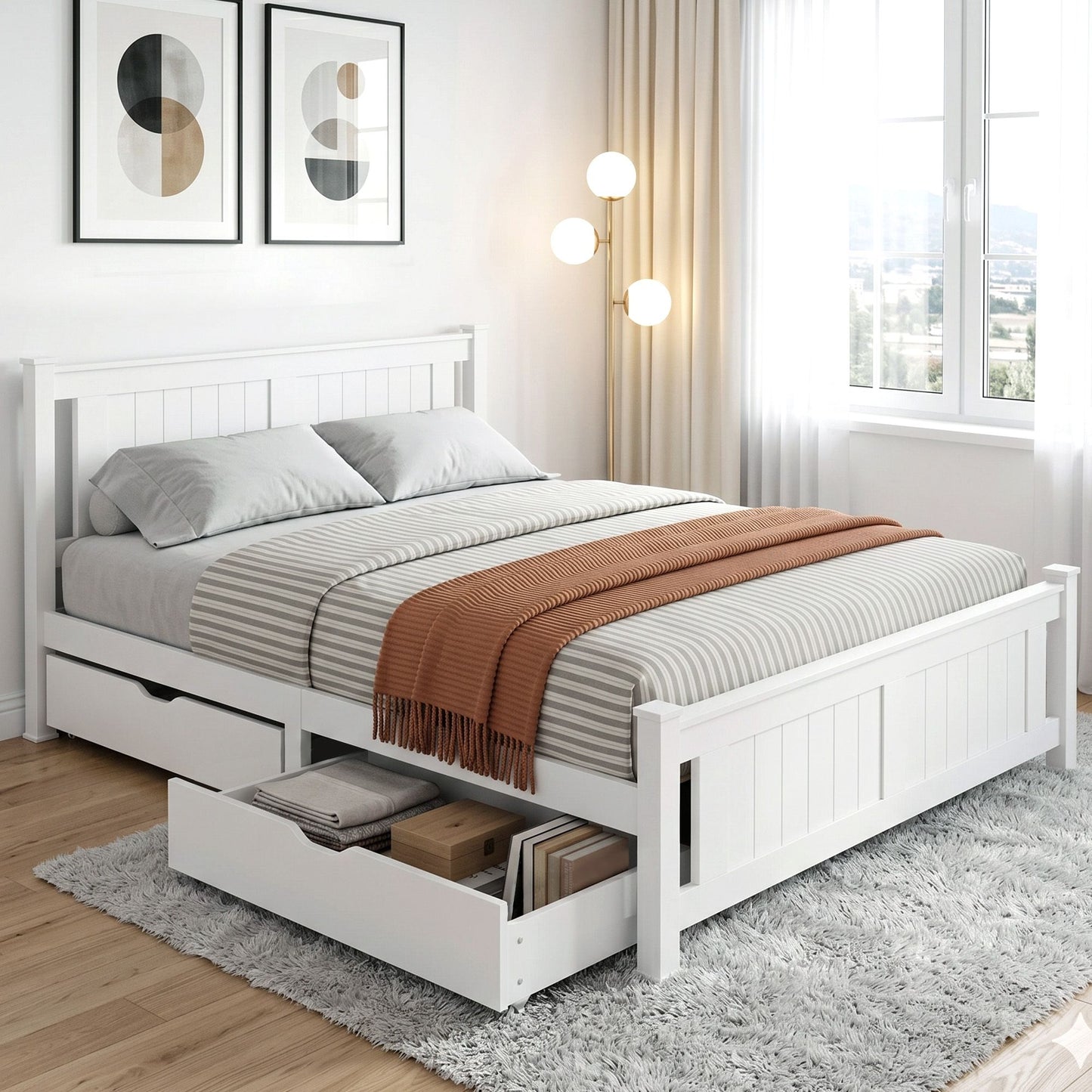 Artiss Bed Frame Queen Size Wooden Platform with 2 Storage Drawers White RIO WBED-D-004Q-153-DRAW