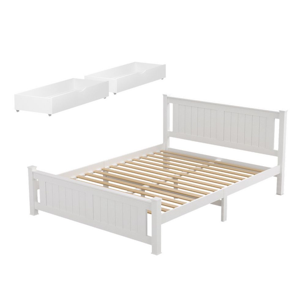 Artiss Bed Frame Queen Size Wooden Platform with 2 Storage Drawers White RIO WBED-D-004Q-153-DRAW