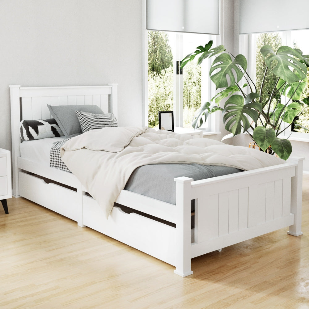 Artiss Bed Frame Single Size Wooden with 2 Drawers White RIO WBED-D-004S-92-DRAW-AB