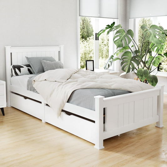 Artiss Bed Frame Single Size Wooden with 2 Drawers White RIO WBED-D-004S-92-DRAW-AB