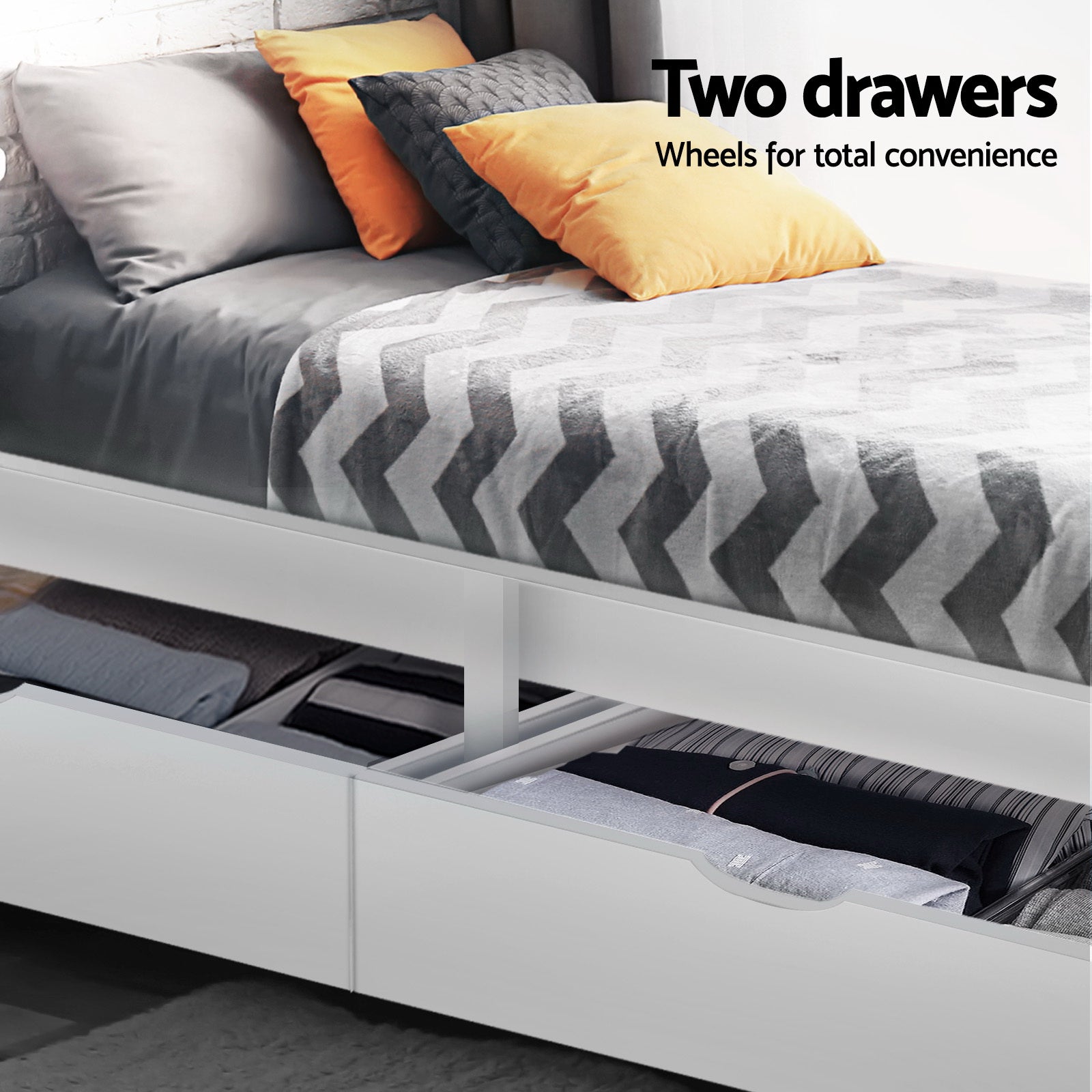 Artiss Bed Frame Single Size Wooden with 2 Drawers White RIO WBED-D-004S-92-DRAW-AB