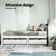 Artiss Bed Frame Single Size Wooden with 2 Drawers White RIO WBED-D-004S-92-DRAW-AB