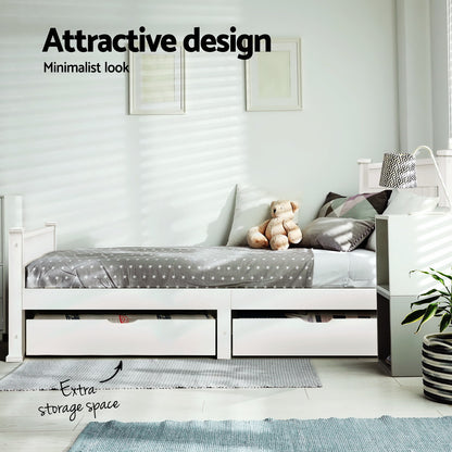 Artiss Bed Frame Single Size Wooden with 2 Drawers White RIO WBED-D-004S-92-DRAW-AB