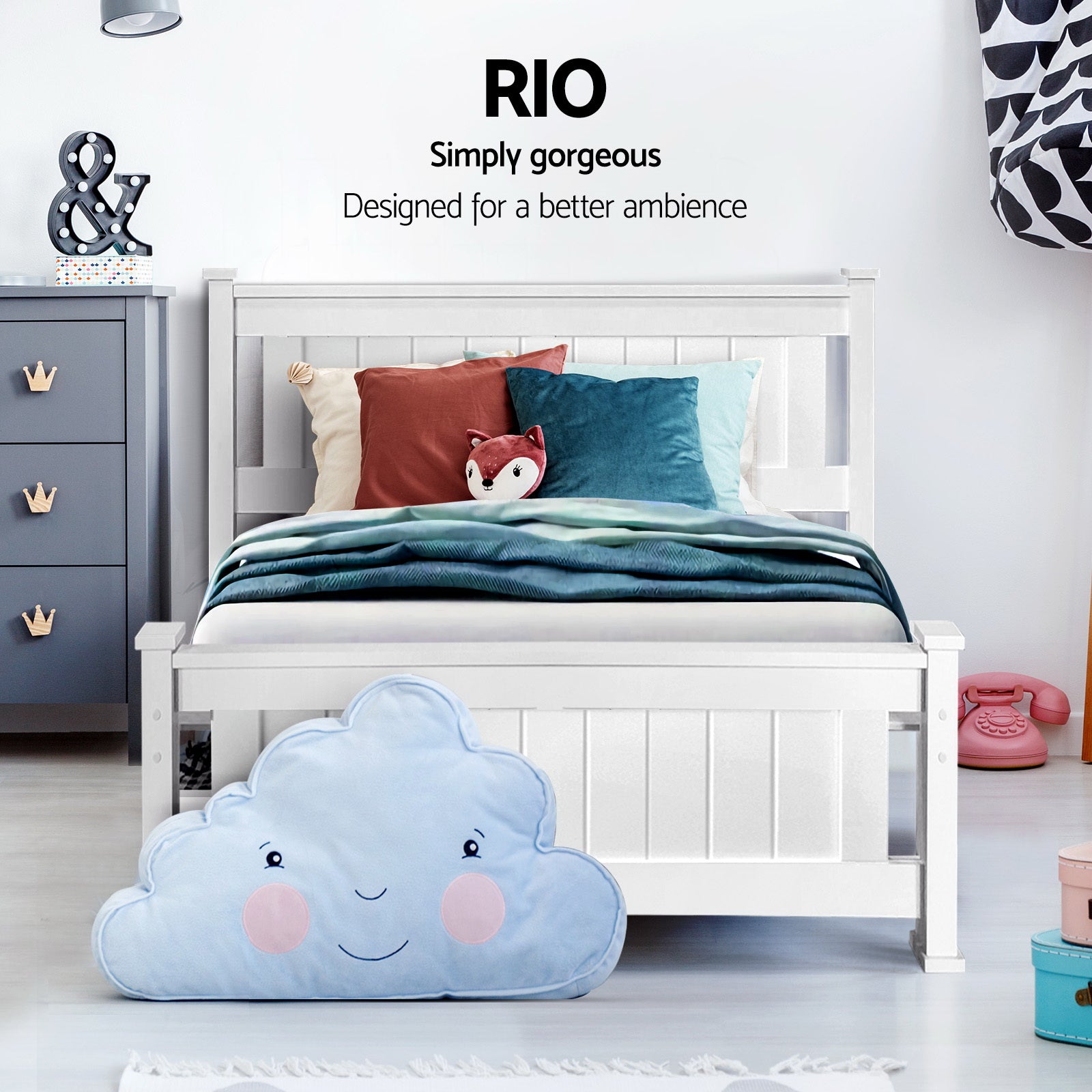 Artiss Bed Frame Single Size Wooden with 2 Drawers White RIO WBED-D-004S-92-DRAW-AB