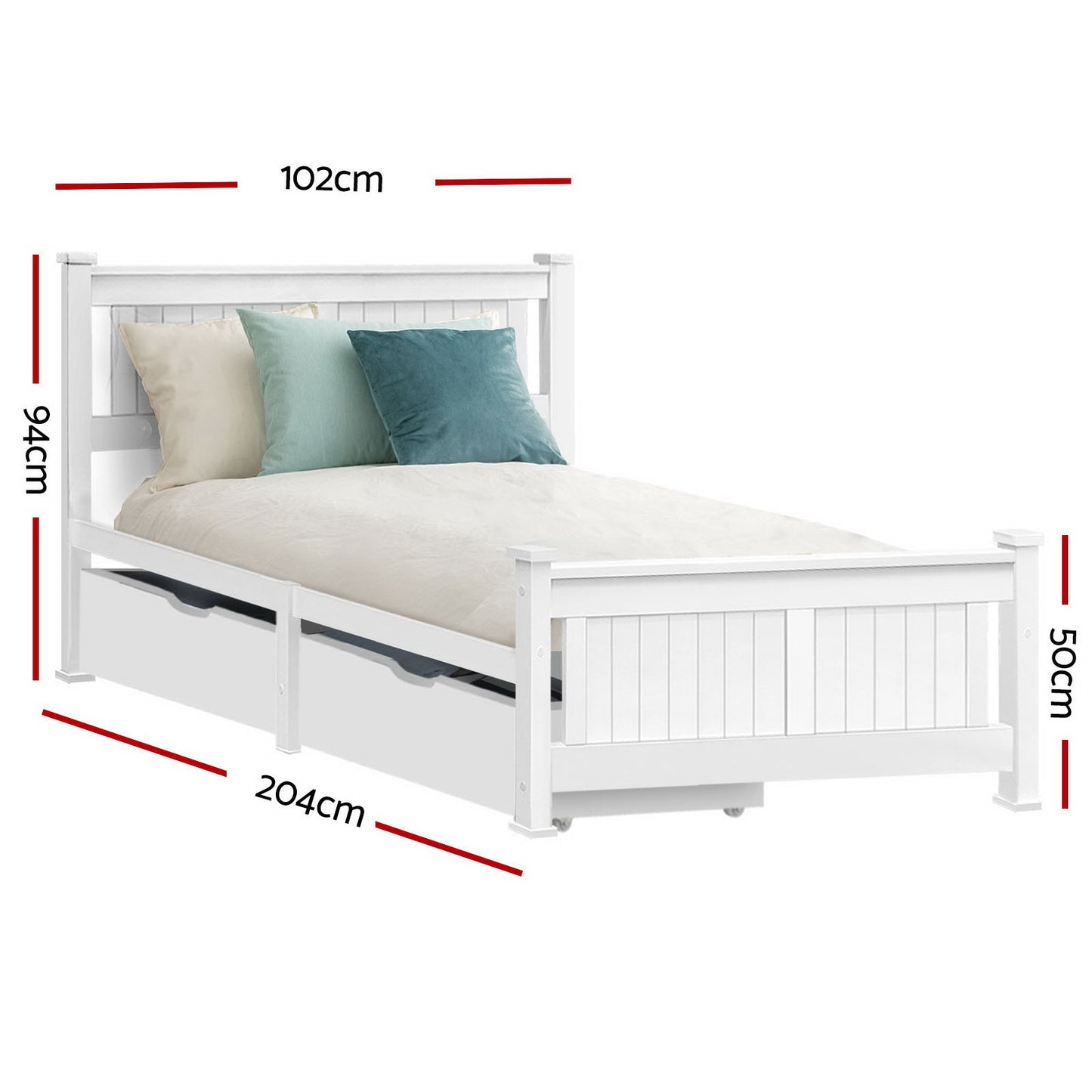 Artiss Bed Frame Single Size Wooden with 2 Drawers White RIO WBED-D-004S-92-DRAW-AB