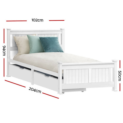 Artiss Bed Frame Single Size Wooden with 2 Drawers White RIO WBED-D-004S-92-DRAW-AB