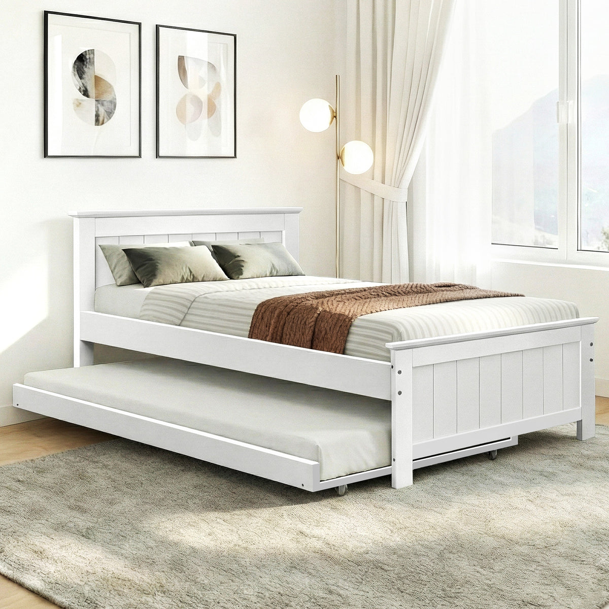 Artiss Bed Frame King Single Size Wooden Trundle Daybed White ELVIS WBED-D-03KS-107-AB