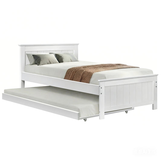 Artiss Bed Frame King Single Size Wooden Trundle Daybed White ELVIS WBED-D-03KS-107-AB