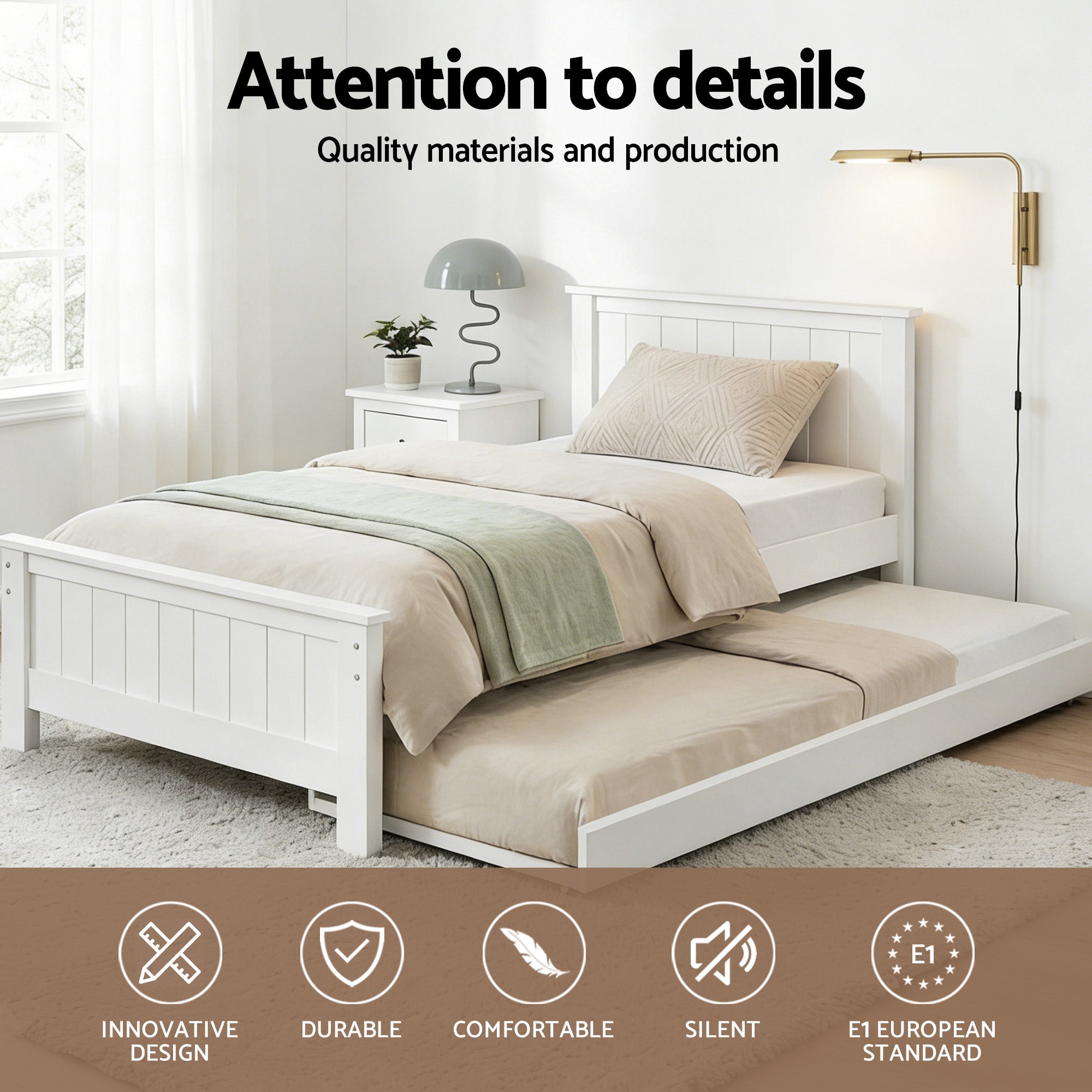 Artiss Bed Frame King Single Size Wooden Trundle Daybed White ELVIS WBED-D-03KS-107-AB