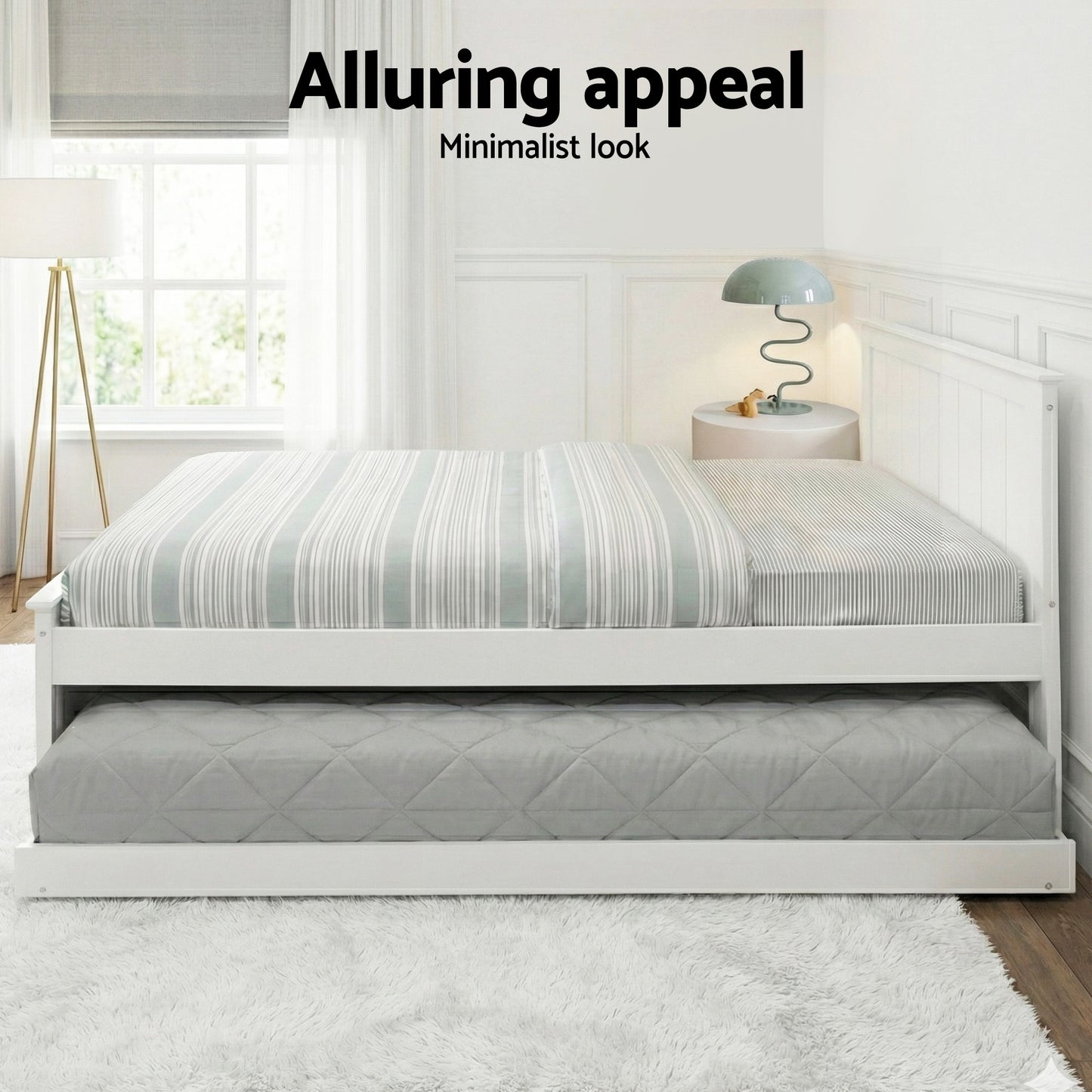 Artiss Bed Frame King Single Size Wooden Trundle Daybed White ELVIS WBED-D-03KS-107-AB