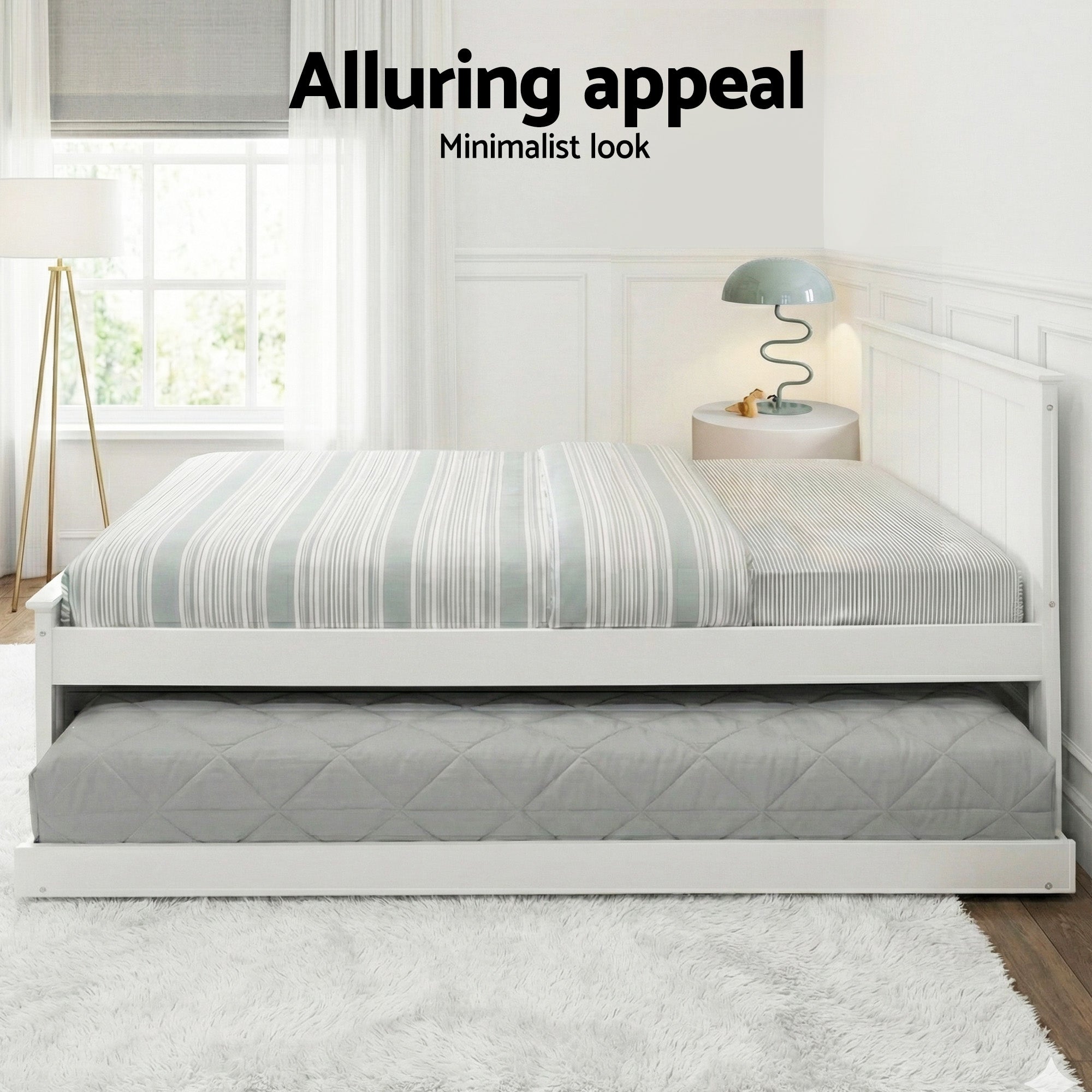 Artiss Bed Frame King Single Size Wooden Trundle Daybed White ELVIS WBED-D-03KS-107-AB
