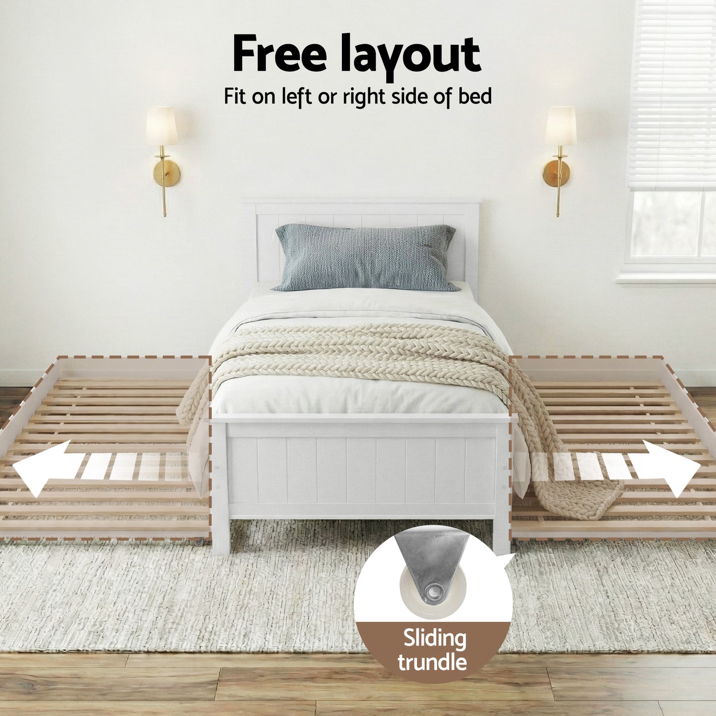 Artiss Bed Frame King Single Size Wooden Trundle Daybed White ELVIS WBED-D-03KS-107-AB