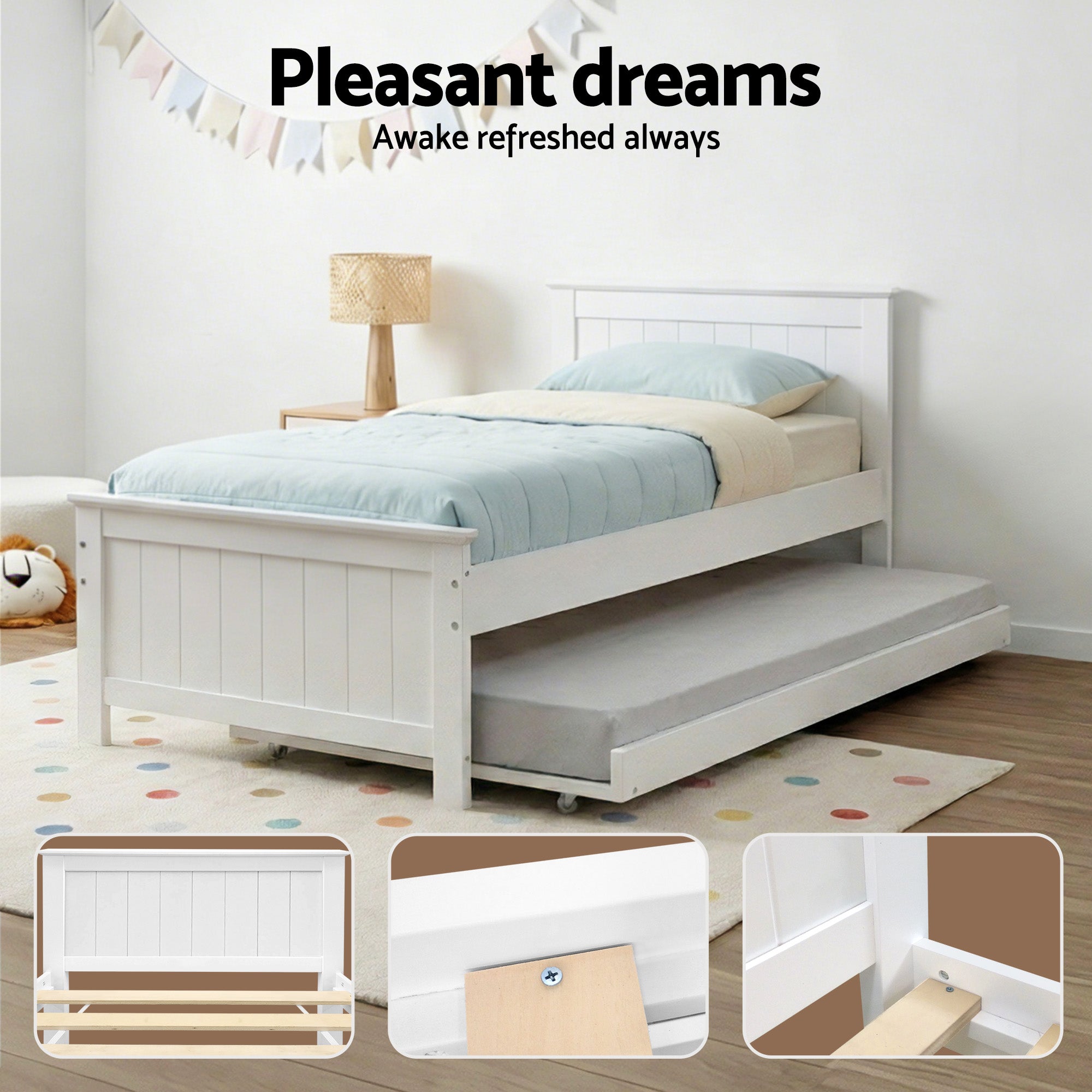 Artiss Bed Frame King Single Size Wooden Trundle Daybed White ELVIS WBED-D-03KS-107-AB