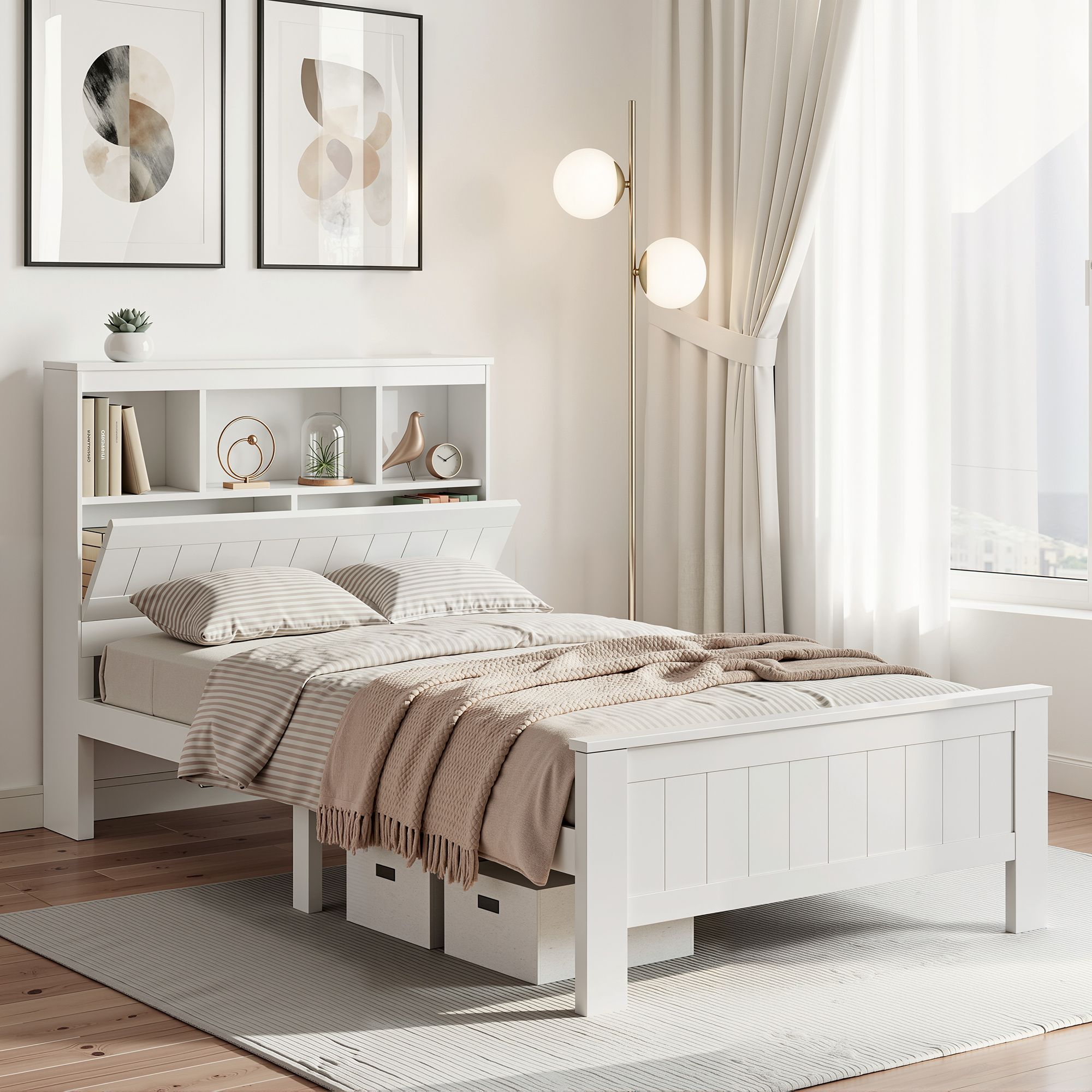 Artiss Bed Frame King Single Size Wooden with 3 Shelves Bed Head White WBED-D-S1-107-AB