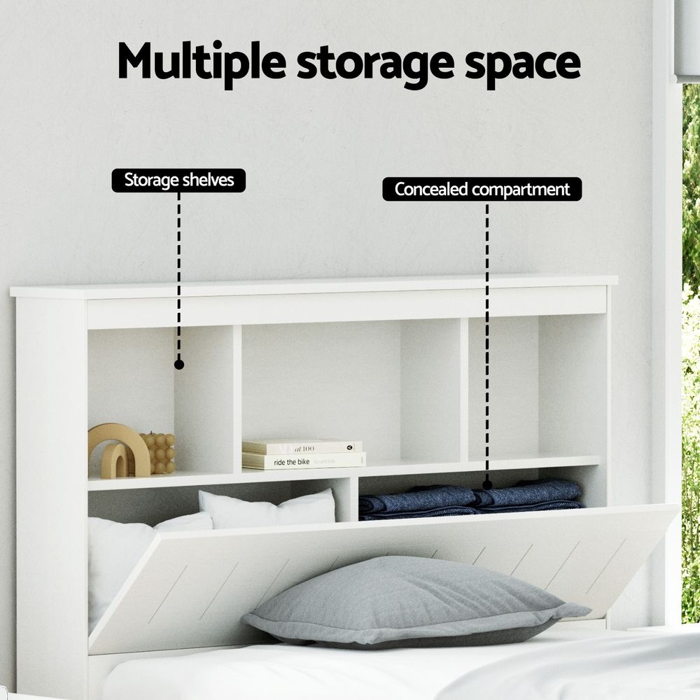 Artiss Bed Frame King Single Size Wooden with 3 Shelves Bed Head White WBED-D-S1-107-AB