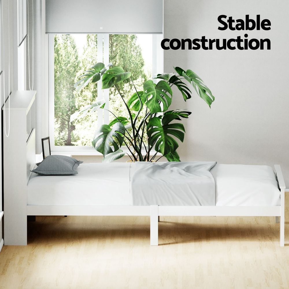 Artiss Bed Frame King Single Size Wooden with 3 Shelves Bed Head White WBED-D-S1-107-AB